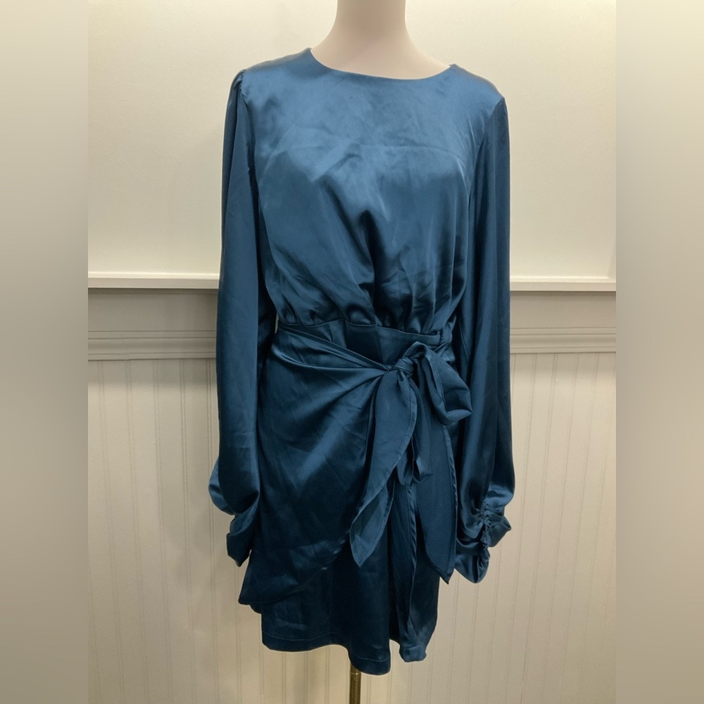 Petal & Pup Blue Satin Wrap Tie Dress US 14 AU 16 Balloon Sleeve Cocktail Party